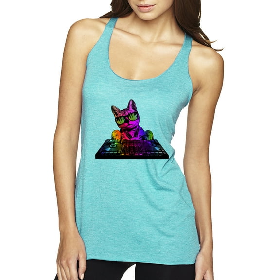 Neon Retro Rainbow DJ MC Hip Hop Cat | Womens Cat Lover Premium Tri-Blend Racerback Tank Top, Tahiti Blue, X-Large