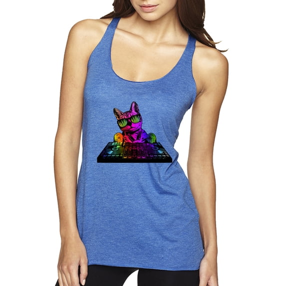 Neon Retro Rainbow DJ MC Hip Hop Cat | Womens Cat Lover Premium Tri-Blend Racerback Tank Top, Vintage Royal, Medium