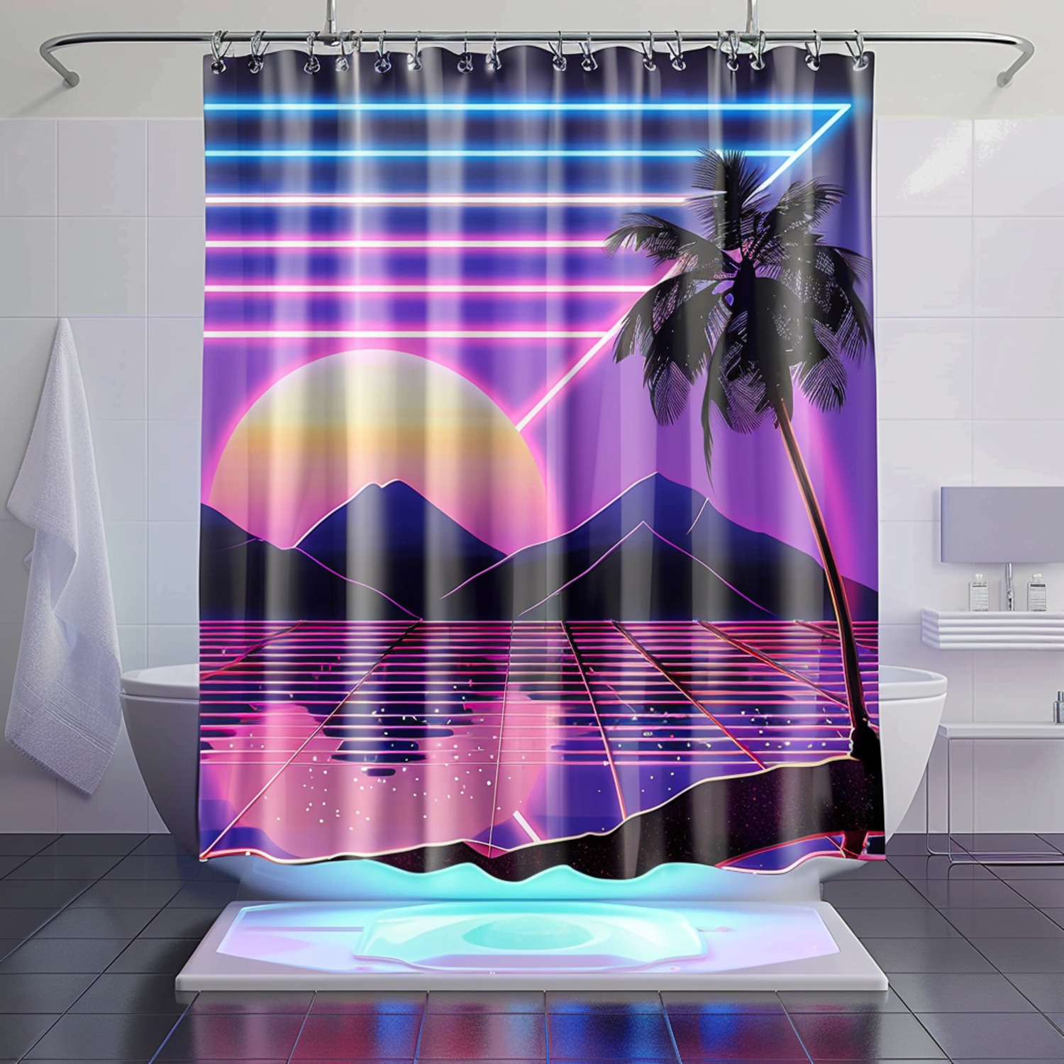 Neon Retro Wave Sunset Palm Tree Bathroom Decor Set Geometric Neon