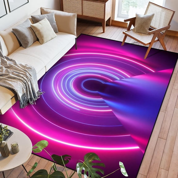 Neon Rings Fluorescent Light Tunnel Abstract Background Texture Washable Rugs For Bedroom Kitchen Living Room Non Slip Outdoor Carpets Soft Mats For Home Playroom Decor 2x3ft