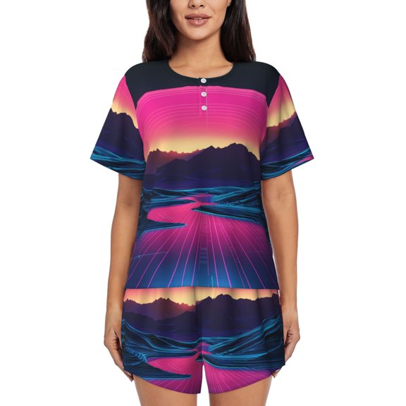Neon River Velly Cyber (10) Womens Pajamas Short Set Soft Short Sleeve Sleepwear Button Down Pjs Set with Pockets S XXL Small