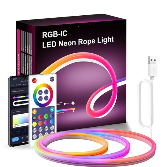 Neon Rope Light,9.8 ft RGBIC Neon LED Lights with Music Sync,IP67 Waterproof Flexible Neon Led Strip,Remote,Bluetooth APP Control