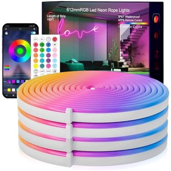 Neon Rope Lights, 100FT RGB LED Strip Lights, Waterproof IP67 LED Lights for Bedroom, DIY Design, Music Sync, 44 Key Remote Control, Multiple Modes for Bedroom, Holiday Decoration