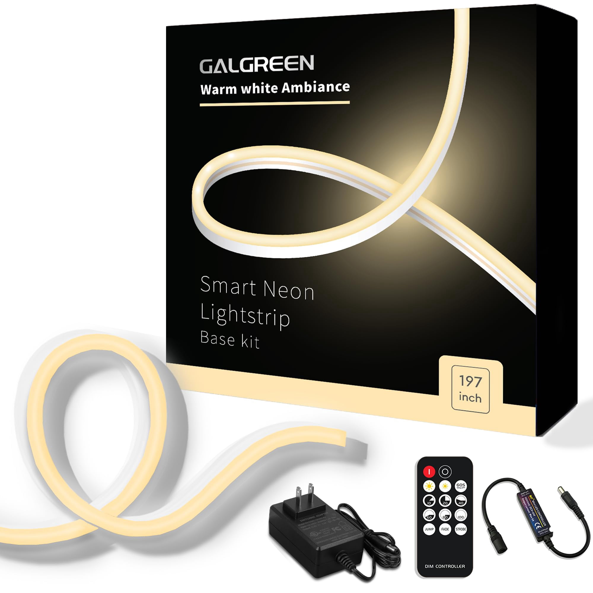 Galgreen Neon Rope Lights, 16.4ft Rope Lights with Dimmable Remote and Adapter, Waterproof Flexible Smart Led Strip Light for Bedroom, Super Bright DIY Neon Sign, Indoor Outdoor Wall Decor Warm White