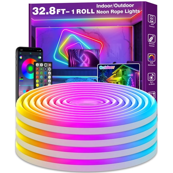 Neon Rope Lights,32.8 FT Flexible Led Rope Lights Control with App/Remote,Multiple Modes RopeLights,IP65 Outdoor RGB Led Neon Lights NonWater Resistant,Music Sync Gaming Led NeonLight Strip