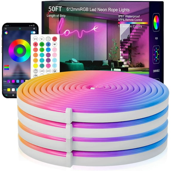 Neon Rope Lights, 50FT RGB LED Strip Lights, Waterproof IP67 LED Lights ...