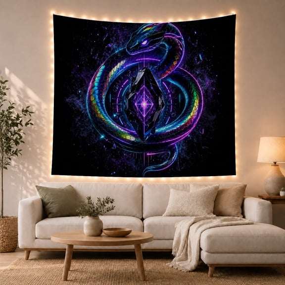 Neon Serpent Coiled Around Black Crystal with Cosmic Clouds, Mystical Sci-Fi Fantasy for Space Lovers, Dark Art Decor, Housewarming Gift Tapestry Wall Hanging for Bedroom and Living Room