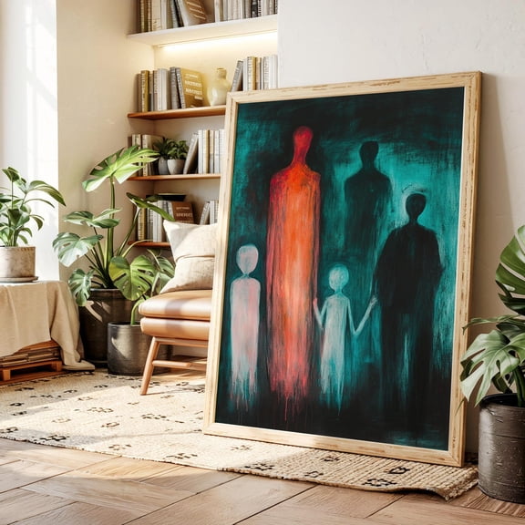 Neon Shadow Family Silhouettes, Emotional Abstract Wall Art in Red and Teal on Black Background, Contemporary Expressionist, wall decor, home decor, art print, Unframed Poster 8x12