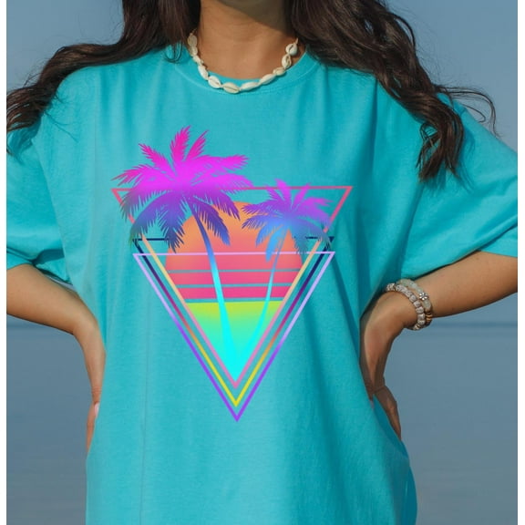 Neon Shirt Shirt Retro 80s Graphic Palm Tree Glow Bright Tee Gifts For Her Womens Shirt Trendy Beach Vacation Tee Gift Teen
