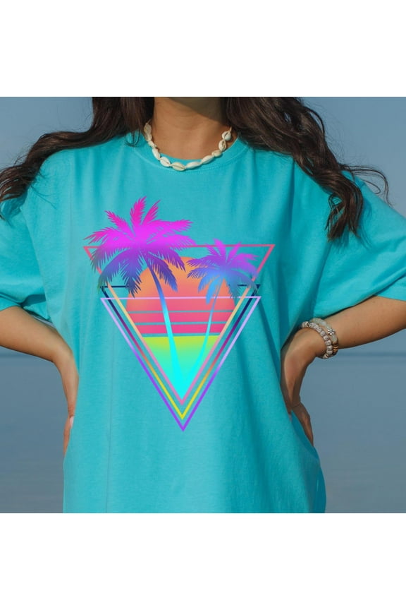 Neon Shirt Shirt Retro 80s Graphic Palm Tree Glow Bright Tee Gifts For Her Womens Shirt Trendy Beach Vacation Tee Gift Teen