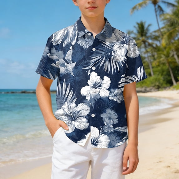 Neon Shirts for Boys Boys Hawaiian Shirt Tropical Short Sleeve Button Down Shirt Summer Floral Beach Shirts with Pocket for 2-13Year