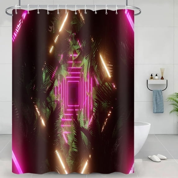 Neon Shower Curtain Tropical Palm Leaves 3D Sci-Fi Tunnel Retro 1980s Style Shower Curtains for Bathroom Bathtubs Decor Washable Durable Polyester Fabric 72x72 Inch with Hooks