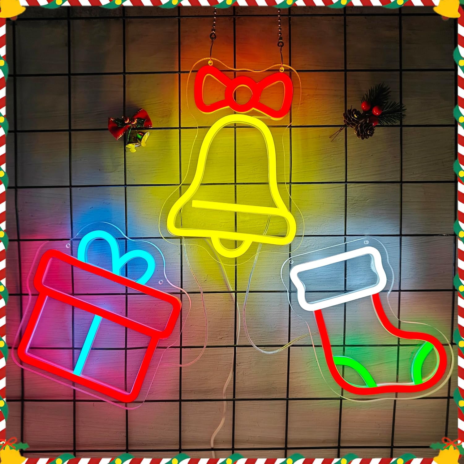 December Led Signs Neon Sign Christmas 3-Piece Dimmable Xmas Bells Gift Box Santa Stocking ...
