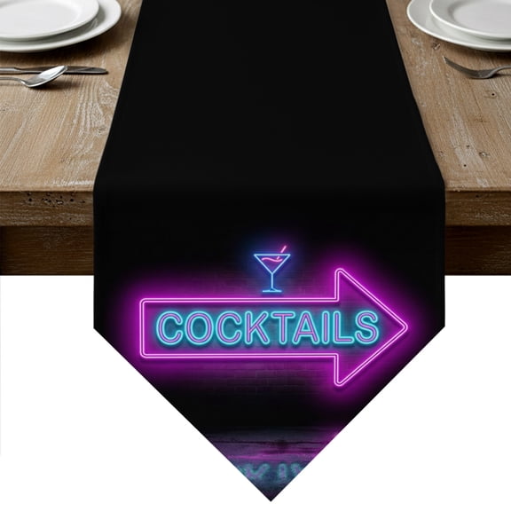 Neon Sign Table Runner Linen Burlap Table Runner 36 Inches Small Purple Blue Wine Glass Geometric Graffiti Dresser Scarves for Kitchen Island Coffee Dining Room Party Wedding Holiday Decor 13"x36"