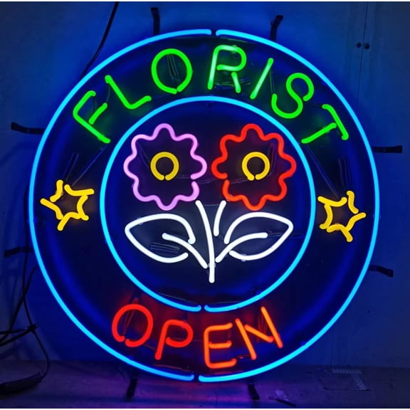 Neon Signs for Wall Decor Florist Open Sign 20 X 24 - Inches, Black Square Cut Acrylic Backing, With Dimmer - Bright And Premium Built Indoor Sign Flower Shop. Neon Led Tubing 15x17inch