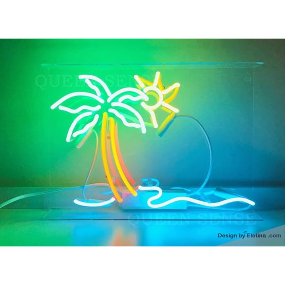 Neon Signs for Wall Decor " Happy Hour Beach Palm Tree Sun Sign Light Ated Acrylic Panel Handmade Beer Bar Pub Man Cave Lamp Ut Neon Led Tubing16x20inch