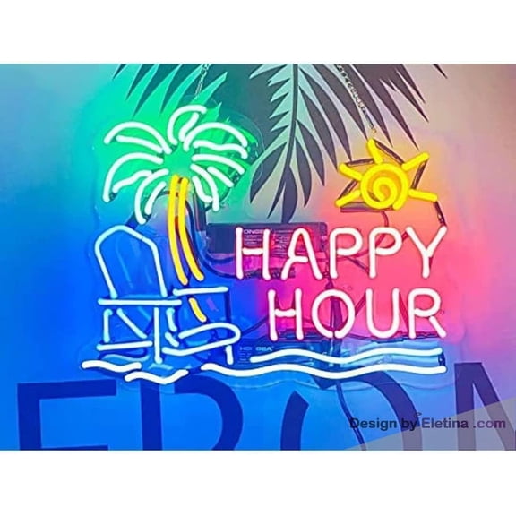 Neon Signs for Wall Decor 16x20inch Happy Hour Palm Tree Beach Sign Acrylic Beer Pub Bar Handmade Light Neon Led Tubing16x20inch