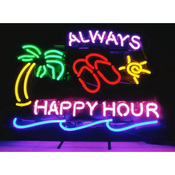 Neon Signs for Wall Decor Always Happy Hour Real Led Handcraft Beer Bar Pub Store Party Room Window Display 15x17inch Inch Neon Tubing 15x17inch