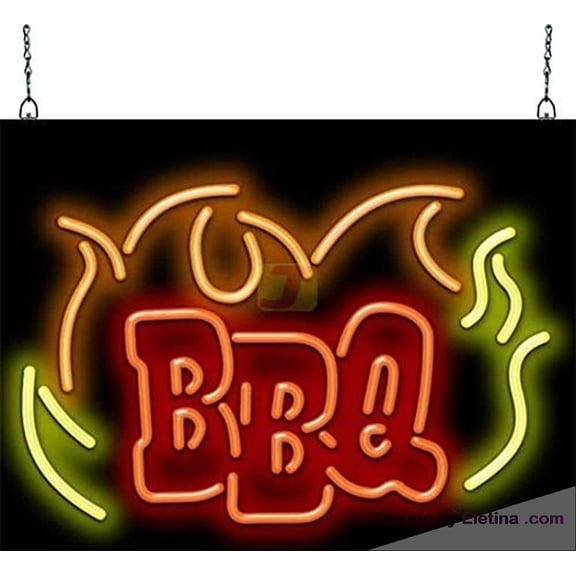 Neon Signs for Wall Decor Bbq Sign With Flame - Real, Quality Hand Bent - Red Letters With Orange & Yellow Flames Neon Led Tubing16x20inch