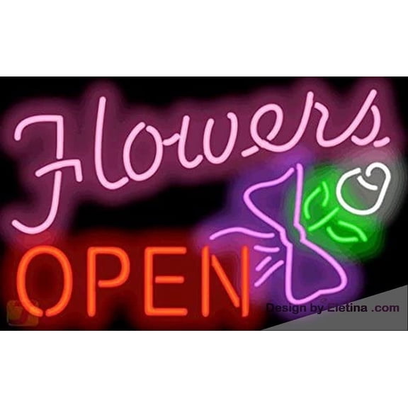 Neon Signs for Wall Decor Flowers Open Sign W/rose Neon Led Tubing 15x17inch