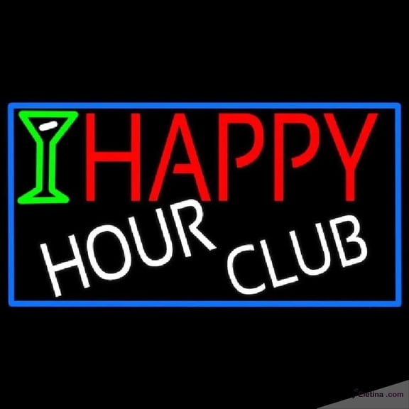 Neon Signs for Wall Decor Happy Hour Club With Blue Border Handmade Art Sign Neon Led Tubing16x20inch