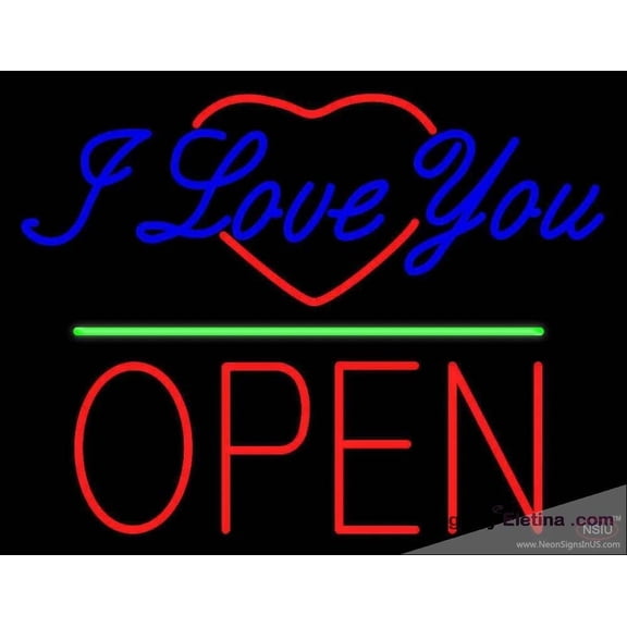 Neon Signs for Wall Decor I Love You Logo Block Open Green Line Handmade Art Sign Neon Led Tubing 15x17inch