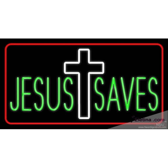 Neon Signs for Wall Decor Jesus Saves White Cross Red Border Handmade Art Sign Neon Led Tubing 15x17inch