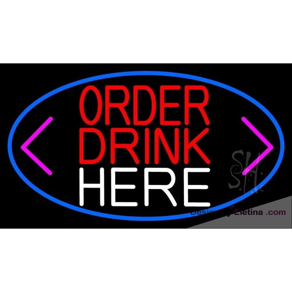 Neon Signs for Wall Decor Order Drinks Here With Arrow With Blue Border Sign Neon Led Tubing16x20inch