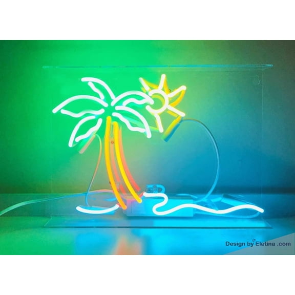 Neon Signs for Wall Decor Palm Tree Sun Beach Sign Acrylic Box Beer Pub Bar Handmade Light Aptsbabv Neon Led Tubing 15x17inch