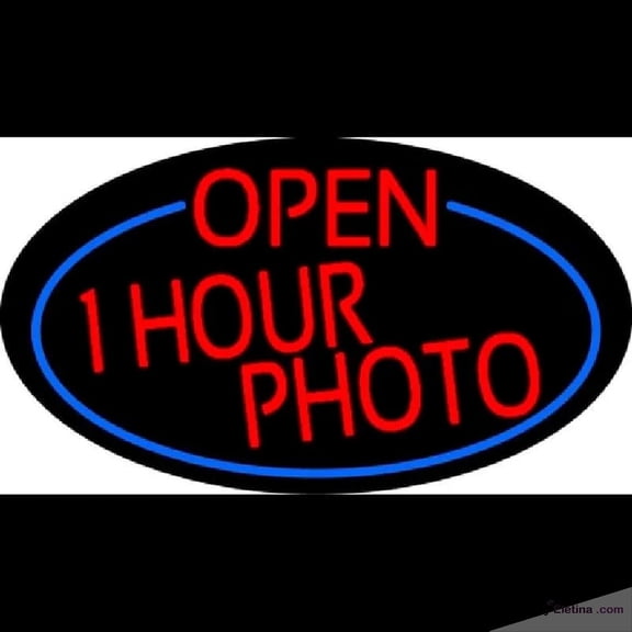 Neon Signs for Wall Decor Red Open One Hour Photo Oval With Blue Border Handmade Art Sign Neon Led Tubing16x20inch