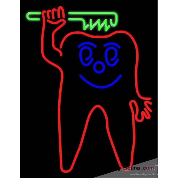 Neon Signs for Wall Decor Teeth With Green Tooth Brush Handmade Art Sign Neon Led Tubing 15x17inch