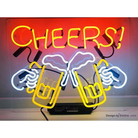 Neon Signs for Wall Decor in Cheers Beer Mugs Sign Acrylic Beer Cave Gift Artwork Light Neon Led Tubing 15x17inch