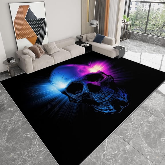 Neon Skeleton Area Rugs, Dark Neon Skeleton Skull Carpet, Washable Non Slip Low Pile Soft Rug for Living Room Bedroom Entryway Decor Mat 5x8ft