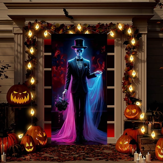 Neon Skeleton Bride & Groom Halloween Door Cover Tapestry,Colorful Glowing Skull Wedding Figure Front Door Hanging Banner for Ghost Mansion Party Porch Decor,71"x35"
