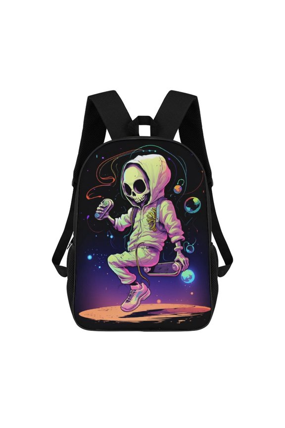 Neon Skeleton Skateboarder in Space Travel Backpack 17 Inch Laptop Bag Student Backpack