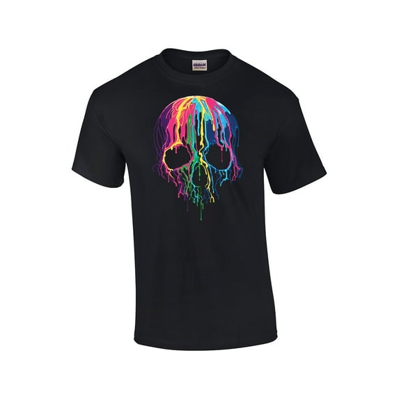 Neon Skull Short Sleeve T-shirt Melting Dripping Paint Skull Face-Black-XXXL