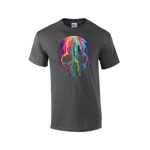 Neon Skull Short Sleeve T-shirt Melting Dripping Paint Skull Face-Heathergray-5Xl
