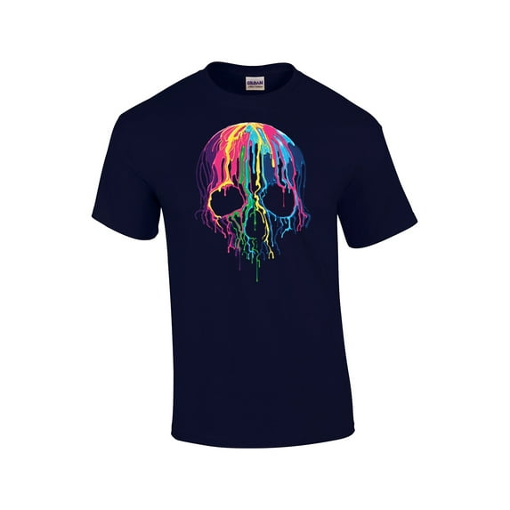 Neon Skull Short Sleeve T-shirt Melting Dripping Paint Skull Face-Navy-Medium