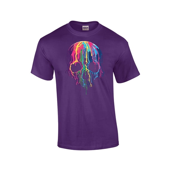 Neon Skull Short Sleeve T-shirt Melting Dripping Paint Skull Face-Purple-XL