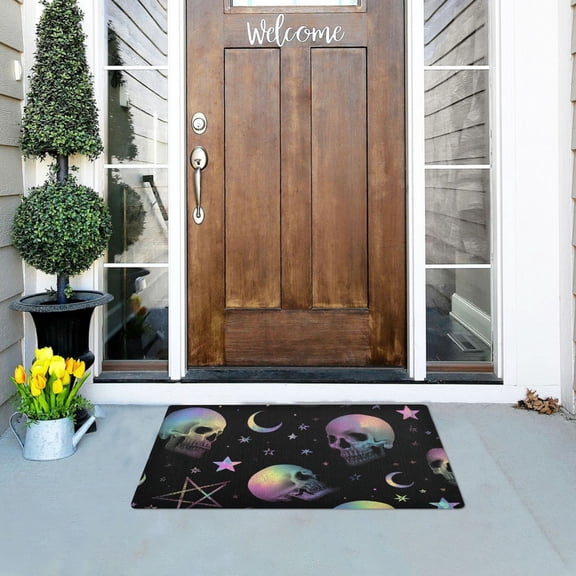 Neon Skulls Stars Moon Halloween Doormats Welcome Mats Gate Pads Entryway Outdoor 32" x 20"