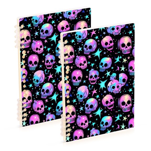 Neon Skulls and Stars Notebooks 2 Pcs 1-subject Journal 60 Sheets A5 College Ruled Paper Detachable Ring 8.3"x5.7"