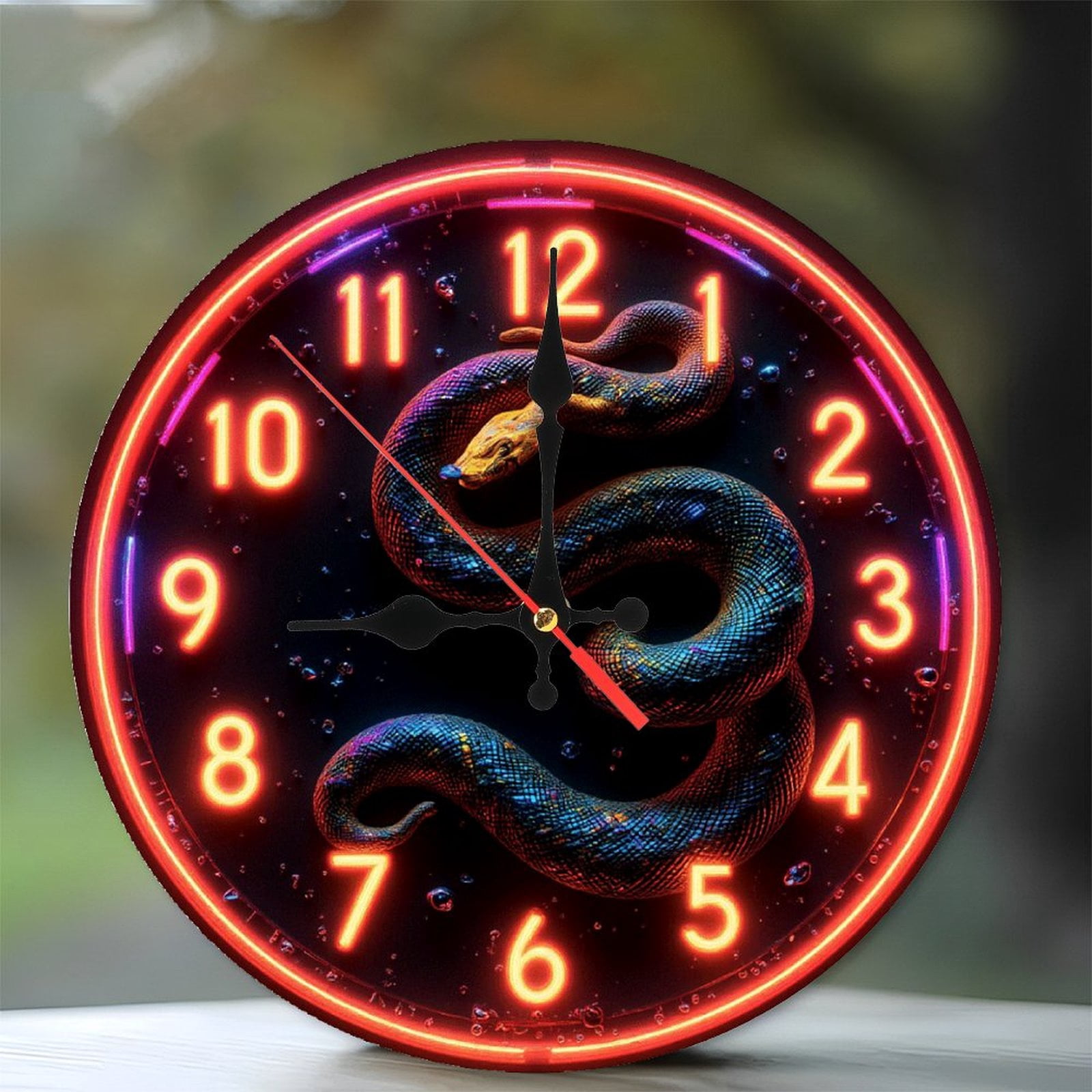 Neon Snake Wall Clock Unique Decorative Art 10-Inch Silent Wooden Wall ...