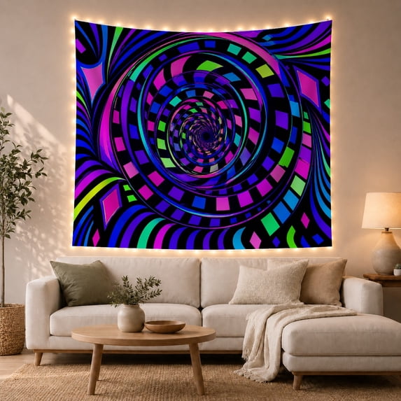 Neon Spiral Tunnel in Black Background, Energetic Psychedelic for Gamers, Optical Illusion Art, Birthday Gift Tapestry Wall Hanging for Gaming Room and Bedroom