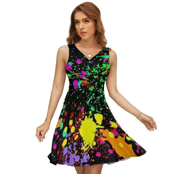 Neon Splatter Paint Dress Summer Street Style Dresses Female Sleeveless Printed Sundress