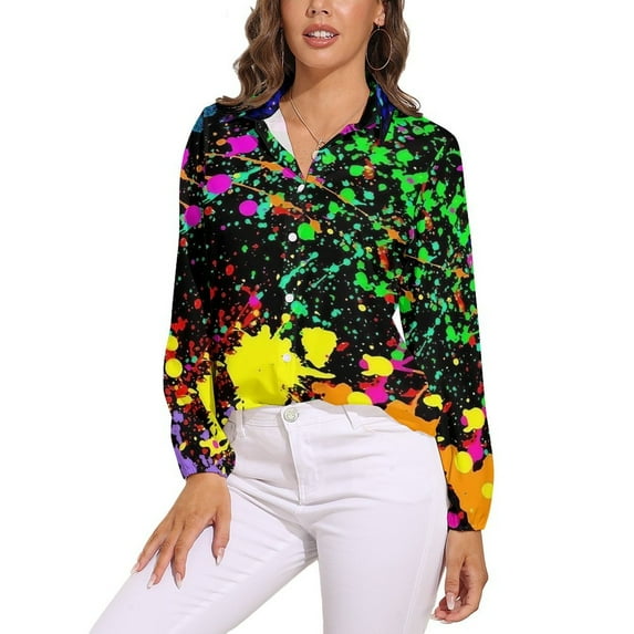 Neon Splatter Paint Long Sleeve Blouse Woman Streetwear Casual Shirts Summer Oversize Woman Streetwear Clothing Birthday Present