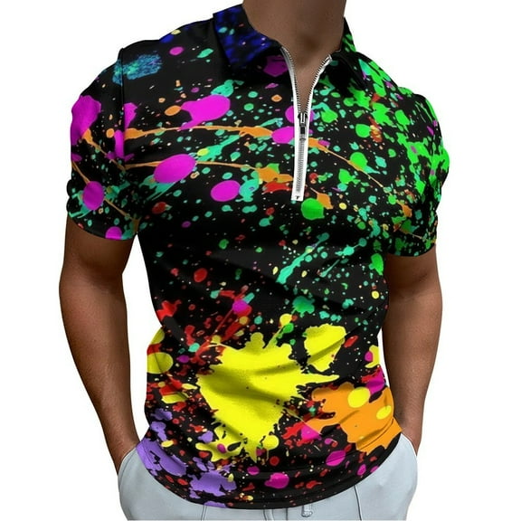 Neon Splatter Paint Men Zipper T-shirt Summer Casual Short Sleeve T-shirt Top