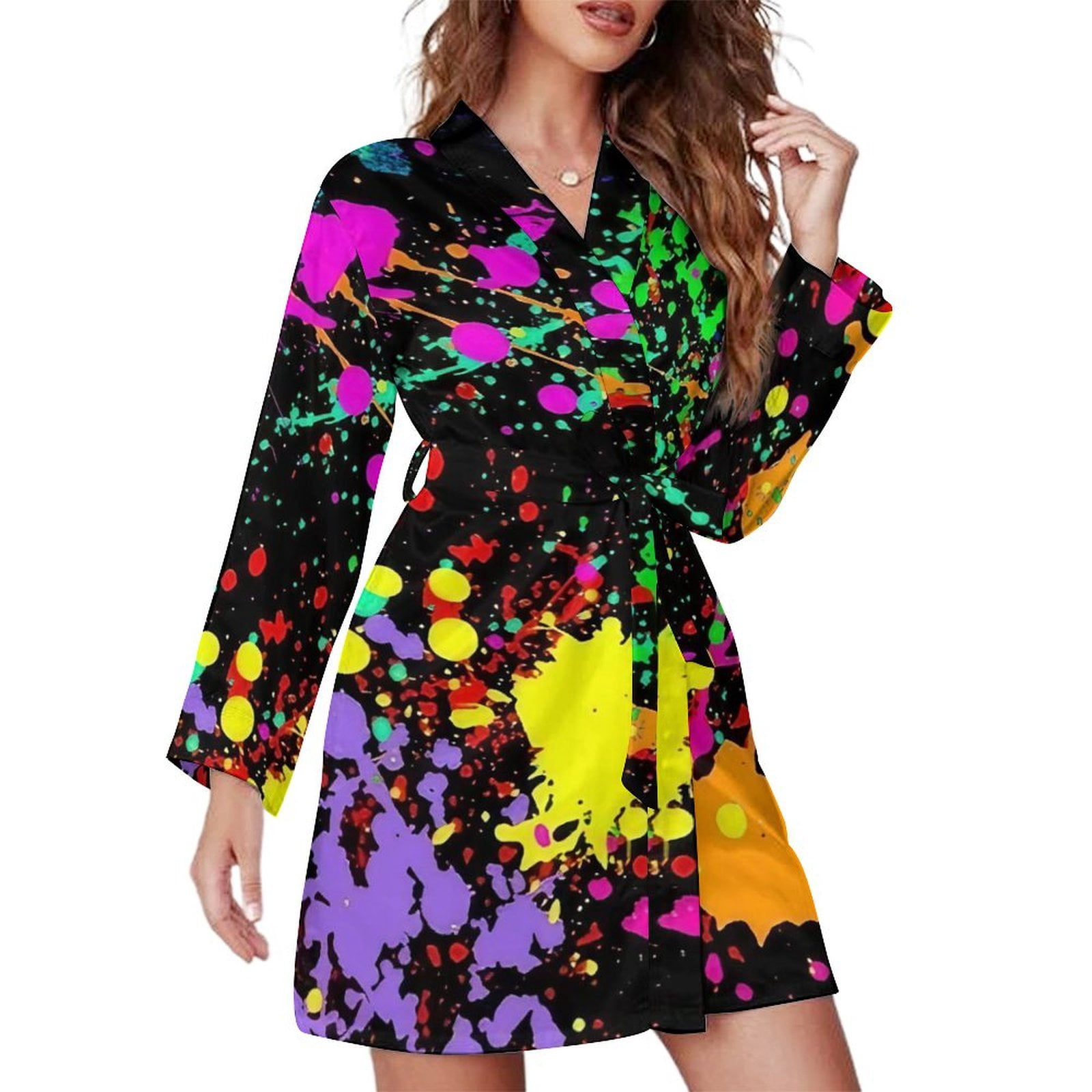 Neon Splatter Paint Night Robe Long Sleeve V Neck Robe With Belt Women ...