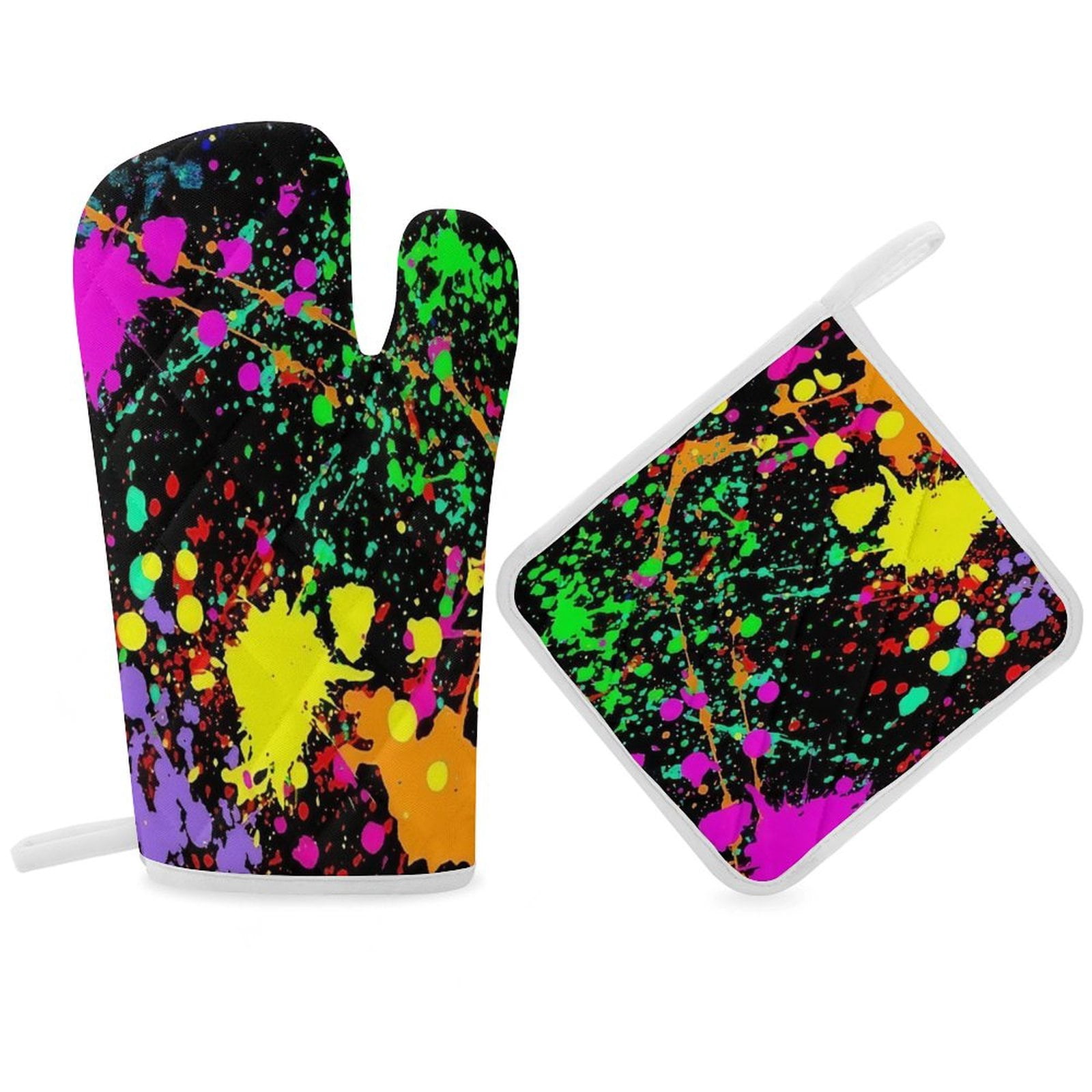 Neon Splatter Paint Oven Gloves And Pots Stand Set Oven Gloves And Pot ...