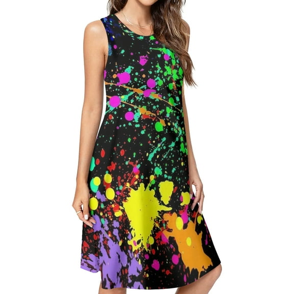 Neon Splatter Paint Spring Summer Dresses for Women Fashion T-shirt Dress Casual Sleeveless Loose Sundress with Pockets