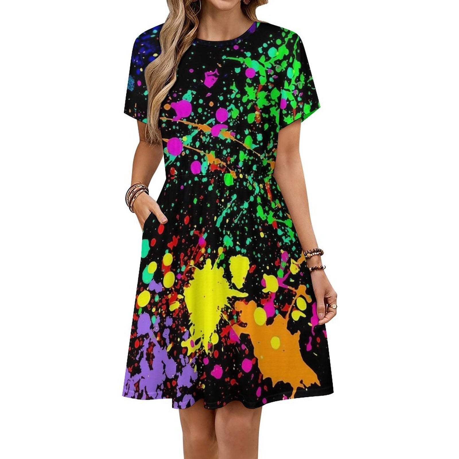 neon splatter paint dress Neon Splatter Paint Women's Dress Short Sleeve Summer Sundress Summer Women  Clothes